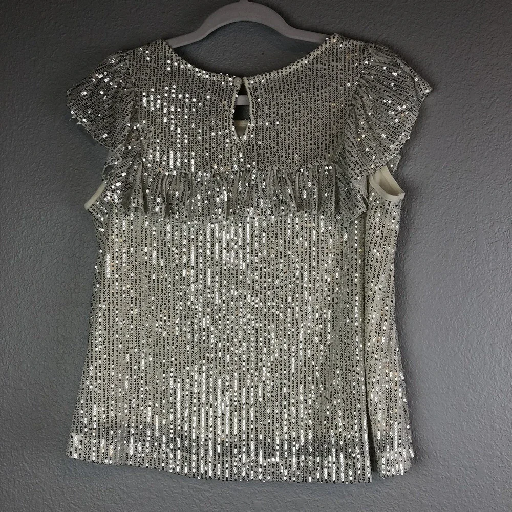 Justice Girls Top Size‎ 16/18 Sequin Ruffle Sleeve Cream Lined Short Sleeve Top